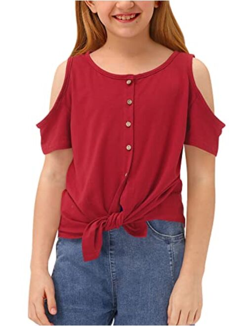 BesserBay Girls Summer Cold Shoulder Tie Front Button Down Shirt 11-12 Years