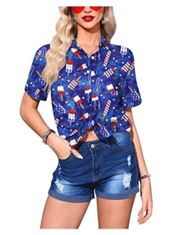 Spadehill Women's July 4th V Neck Shirt Short Sleeve American Flag Top