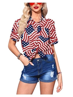 Spadehill Women's July 4th V Neck Shirt Short Sleeve American Flag Top