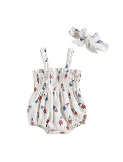 MA&BABY 4th of July Infant Girls Romper Dress Flag Star Print Short Sleeve Ruched Jumpsuits Bodysuits Outfits Headband