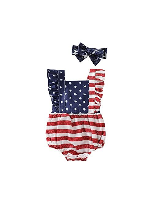 MA&BABY 4th of July Infant Girls Romper Dress Flag Star Print Short Sleeve Ruched Jumpsuits Bodysuits Outfits Headband