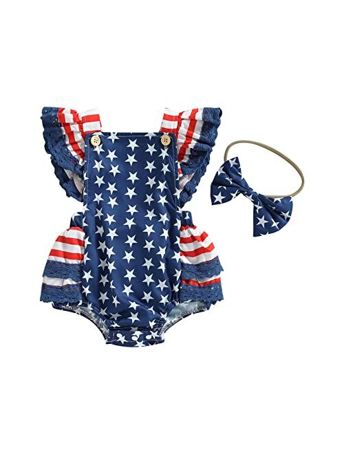 MA&BABY 4th of July Infant Girls Romper Dress Flag Star Print Short Sleeve Ruched Jumpsuits Bodysuits Outfits Headband