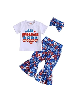 Fernvia Toddler Baby Girl 4th of July Outfits Fly Sleeve Print T-shirt & Stars Striped Flare Pants with Headband 2Pcs Set