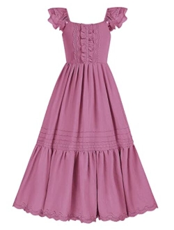 Girl Summer Long Dress Flutter Sleeve Ruffle Dress Victorian Costume Size 6-12 Year