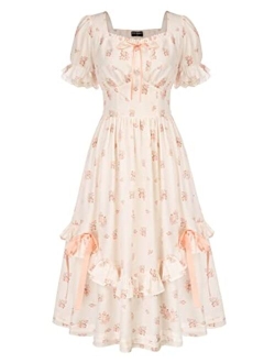 Women Victorian Cottagecore Dress Vintage Floral Puff Sleeve Ruffled Tiered Dress