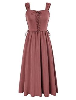 Women Renaissance Summer Midi Dress Cottagecore Sleeveless Sweetheart Lace Up Dress