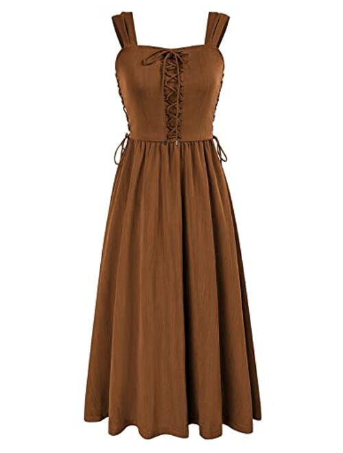 Scarlet Darkness Women Renaissance Summer Midi Dress Cottagecore Sleeveless Sweetheart Lace Up Dress