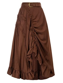 Women Steampunk Skirt Long Skirts High Waisted Ruffle Drawstring Gothic Skirt with Pocket