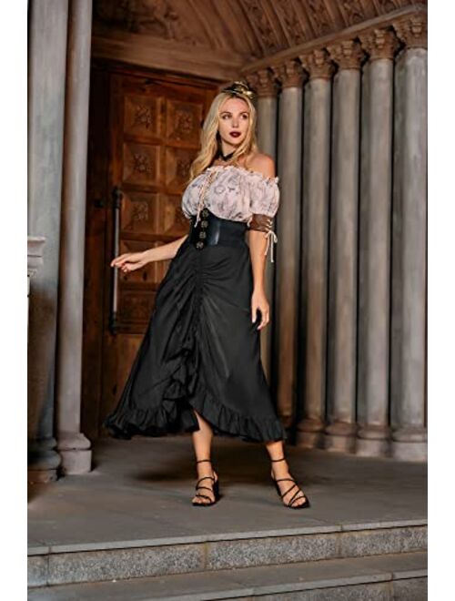 Scarlet Darkness Women Steampunk Skirt Long Skirts High Waisted Ruffle Drawstring Gothic Skirt with Pocket