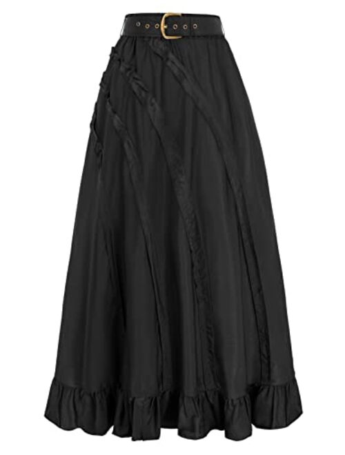 Scarlet Darkness Women Steampunk Skirt Long Skirts High Waisted Ruffle Drawstring Gothic Skirt with Pocket