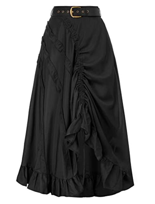 Scarlet Darkness Women Steampunk Skirt Long Skirts High Waisted Ruffle Drawstring Gothic Skirt with Pocket