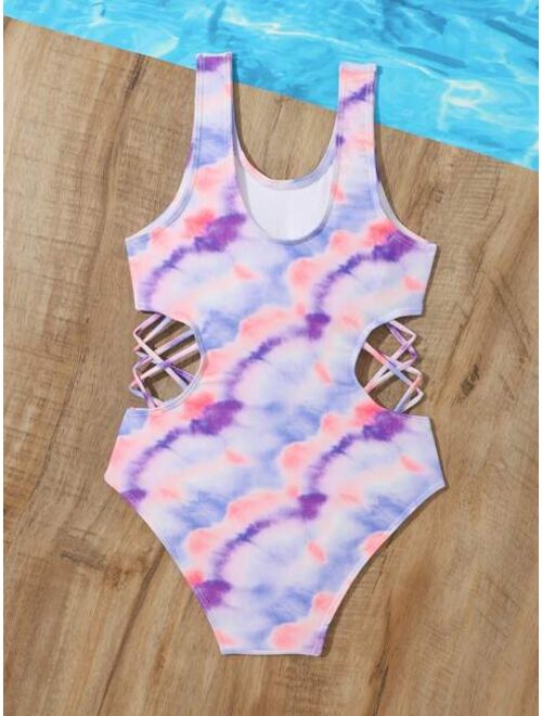 Shein Girls Tie Dye Criss Cross Cut Out One Piece Swimsuit