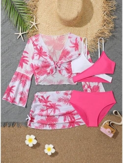 Girls Colorblock Bikini Swimsuit With Coconut Tree Print Cover Up Set