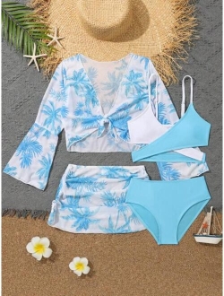 Girls Colorblock Bikini Swimsuit With Coconut Tree Print Cover Up Set