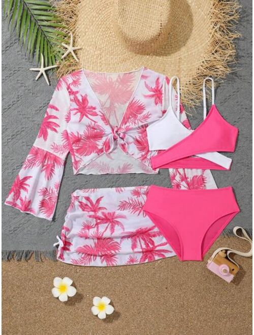 Shein Girls Colorblock Bikini Swimsuit With Coconut Tree Print Cover Up Set