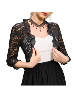 Women's Lace Shrug 3/4 Sleeve Crochet Sheer Bolero Jacket for Evening Dress