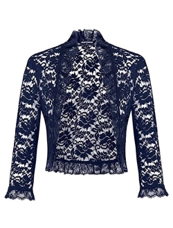 Women's Lace Shrug 3/4 Sleeve Crochet Sheer Bolero Jacket for Evening Dress