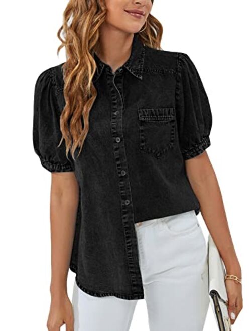 BMJL Womens Denim Shirt Business Casual Button Down Work Blouses Puff Sleeve Summer Tops