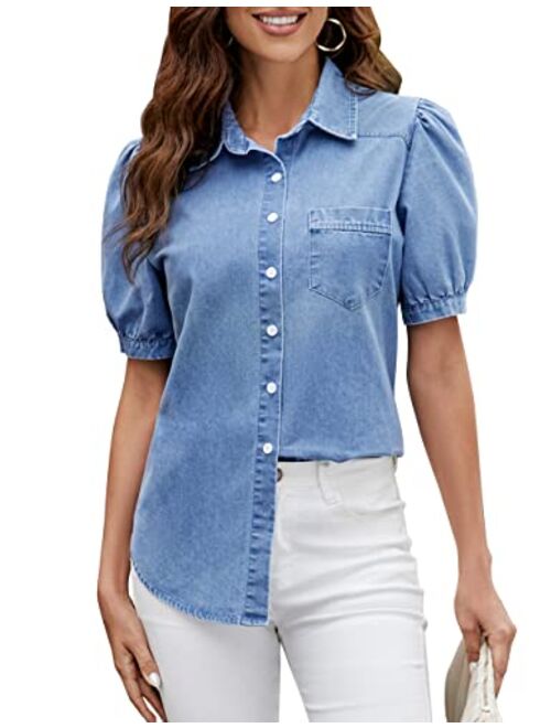 BMJL Womens Denim Shirt Business Casual Button Down Work Blouses Puff Sleeve Summer Tops