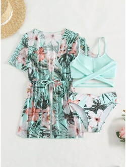 Girls Tropical Print Crisscross Bikini Swimsuit With Kimono