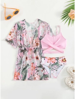 Girls Tropical Print Crisscross Bikini Swimsuit With Kimono