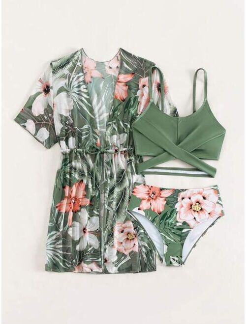 Shein Girls Tropical Print Crisscross Bikini Swimsuit With Kimono