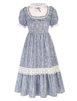 Girl Colonial Costume Pioneer Dress Victorian Puff Sleeve Floral Dress 7-12 Years