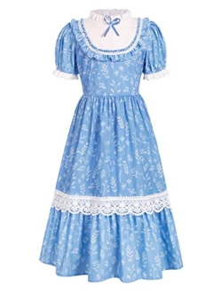 Girl Colonial Costume Pioneer Dress Victorian Puff Sleeve Floral Dress 7-12 Years