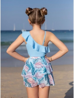 Girls Ruffle Trim Cut Out One Piece Swimsuit & Tropical Print Beach Skirt