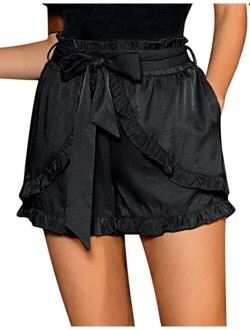 Womens Summer Casual Shorts High Elastic Waisted Belted Paper Bag Shorts with Pockets