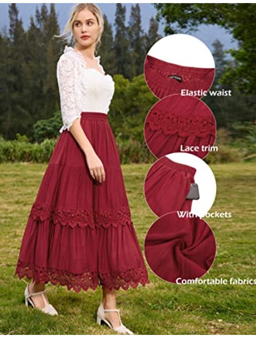 Scarlet Darkness Women Victorian Long Skirt Tiered Lace Trim Flowy Maxi Skirts with Pocket