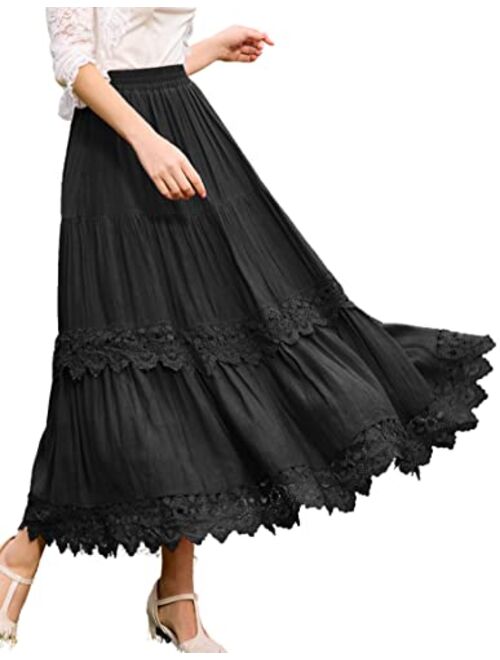 Scarlet Darkness Women Victorian Long Skirt Tiered Lace Trim Flowy Maxi Skirts with Pocket