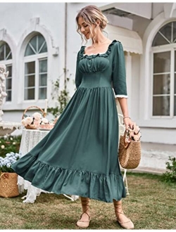 Women Colonial Dress 3/4 Sleeve Square Neck Cottagecore Dress with Pockets