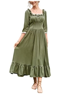 Women Colonial Dress 3/4 Sleeve Square Neck Cottagecore Dress with Pockets