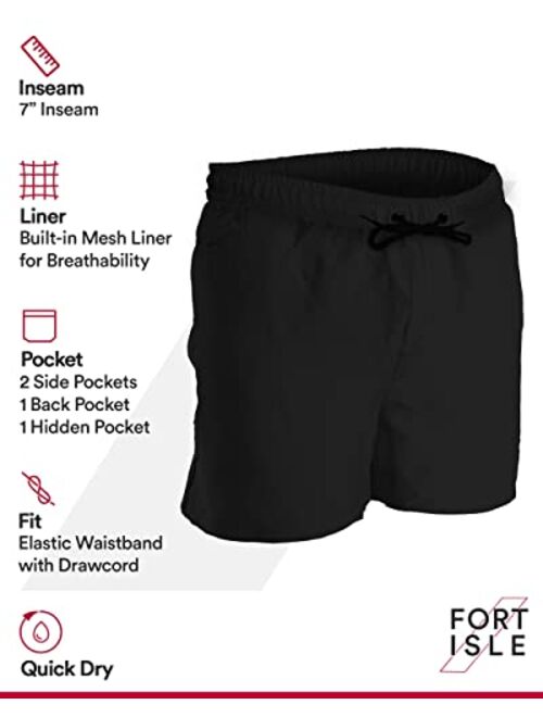 Fort Isle Mens 7 inch Swim Trunks - 4 Colors Hidden Pocket Mens Bathing Suit 7 inch Inseam | Mens Swim Trunks 7 inch Inseam