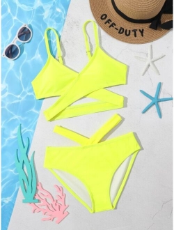 Girls Solid Criss Cross Cut Out Bikini Swimsuit