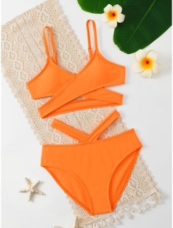 Girls Solid Criss Cross Cut Out Bikini Swimsuit