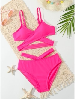 Girls Solid Criss Cross Cut Out Bikini Swimsuit