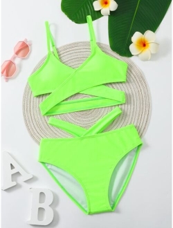 Girls Solid Criss Cross Cut Out Bikini Swimsuit