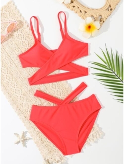 Girls Solid Criss Cross Cut Out Bikini Swimsuit