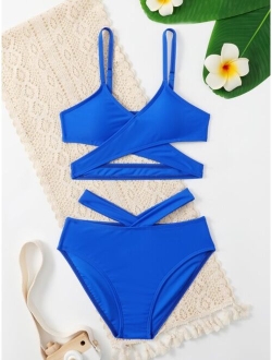 Girls Solid Criss Cross Cut Out Bikini Swimsuit