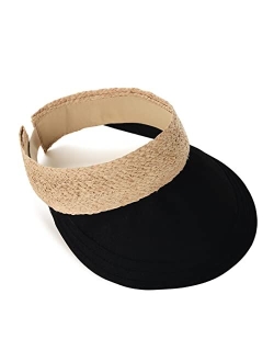 Straw Sun Visors for Women Linen Visor Hat Womens Summer Beach Visors Foldable Roll Up Ponytail Sun Hat