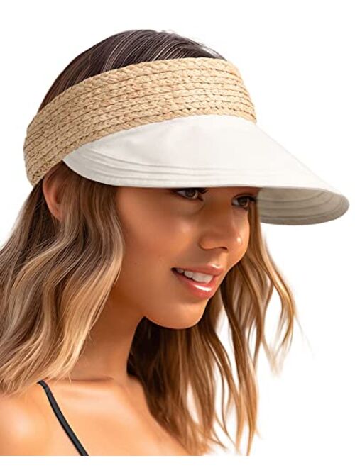 Furtalk Straw Sun Visors for Women Linen Visor Hat Womens Summer Beach Visors Foldable Roll Up Ponytail Sun Hat