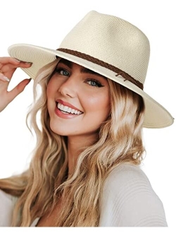 Sun Hats for Women Summer Wide Brim UV UPF 50  Panama Fedora Foldable Packable Straw Beach Hat Ivory