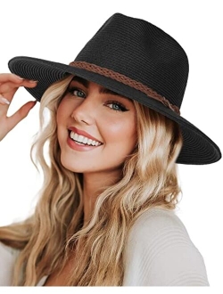 Sun Hats for Women Summer Wide Brim UV UPF 50  Panama Fedora Foldable Packable Straw Beach Hat Ivory