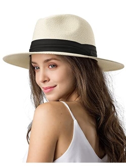 Womens Mens Wide Brim Straw Panama Hat Fedora Summer Beach Sun Hat UPF Straw Hat for Women