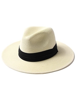 Panama Hat Sun Hats for Women Men Wide Brim Fedora Straw Beach Hat UV UPF 50