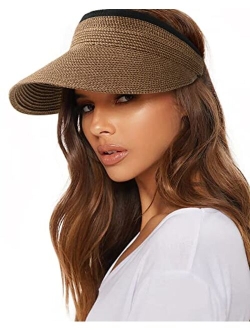 Womens Sun Visor Hat Straw Sun Visors for Women Summer Packable Ponytail Beach Hats for Women Travel UPF 50