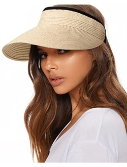 Womens Sun Visor Hat Straw Sun Visors for Women Summer Packable Ponytail Beach Hats for Women Travel UPF 50