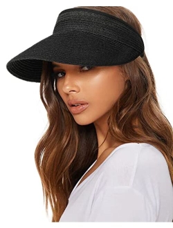 Womens Sun Visor Hat Straw Sun Visors for Women Summer Packable Ponytail Beach Hats for Women Travel UPF 50